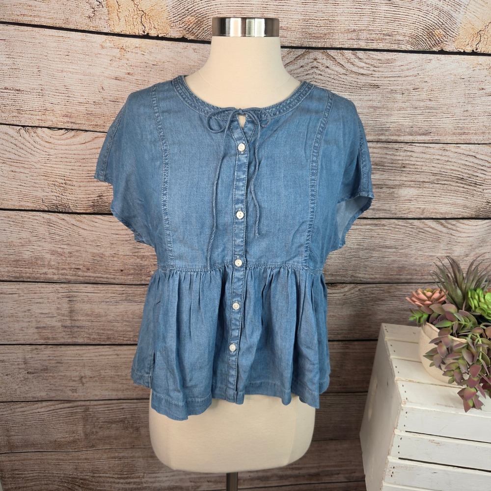 5/$25 Aerie Blue Lyocell Chambray Babydoll Top Tie Neck Button Front Peplum XS